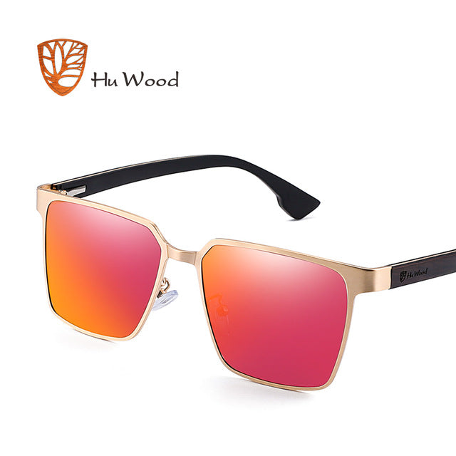 Hu Wood Brand Men's Square Metal Frame Sunglasses Spring Wood Temple With Polarized Lenses 4 Colors Gr8037 Sunglasses Hu Wood C4  