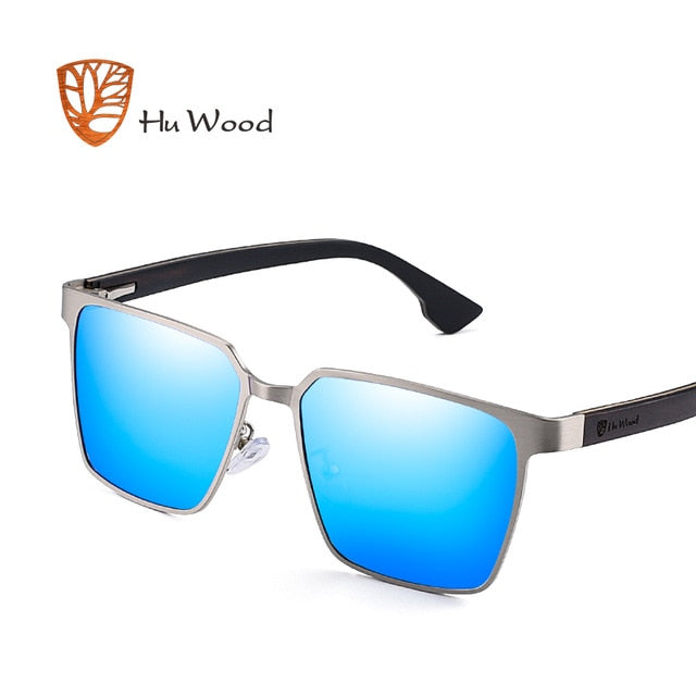 Hu Wood Brand Men's Square Metal Frame Sunglasses Spring Wood Temple With Polarized Lenses 4 Colors Gr8037 Sunglasses Hu Wood C3  