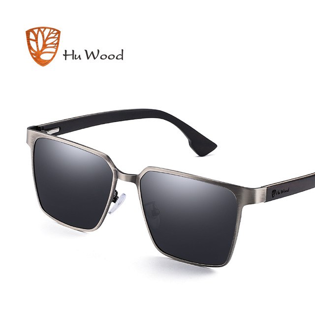Hu Wood Brand Men's Square Metal Frame Sunglasses Spring Wood Temple With Polarized Lenses 4 Colors Gr8037 Sunglasses Hu Wood C1  