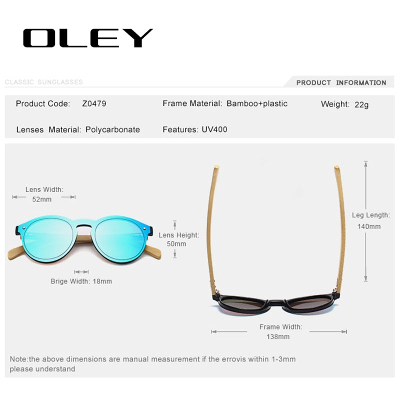 Oley Brand Bamboo Leg Hd Color Film Sunglasses Women Classic Round Overall Flat Lens Z0479 Sunglasses Oley   