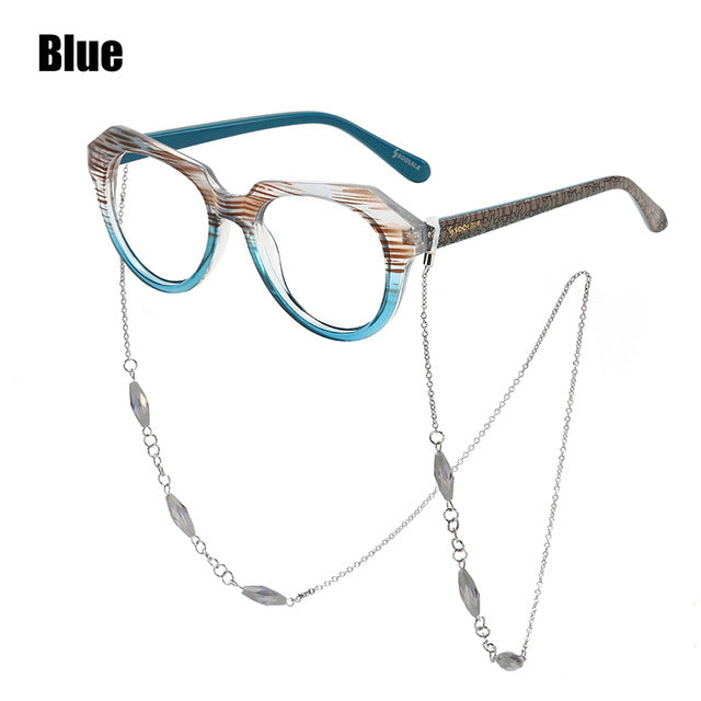 Soolala Brand Women's Striped Reading Glasses Chain Sight Magnifying Glasses 49-796 Reading Glasses SooLala 0 Blue 