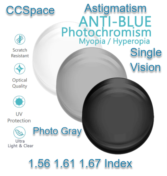 CCSpace Single Vision Astigmatism Photochromic Gray Anti Blue Light Lenses Lenses CCSpace Lenses   
